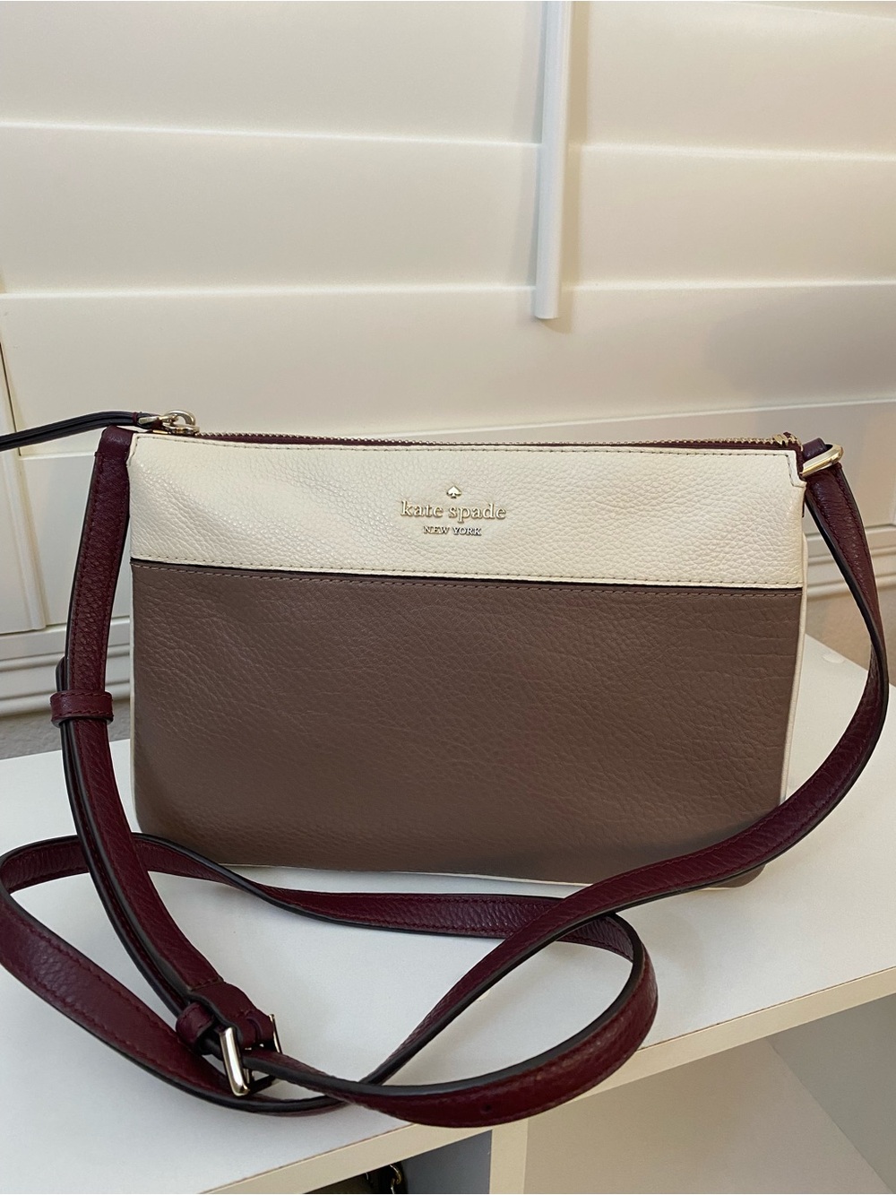 kate spade Colorblock Leather Crossbody in Cream, Taupe & Burgundy Strap